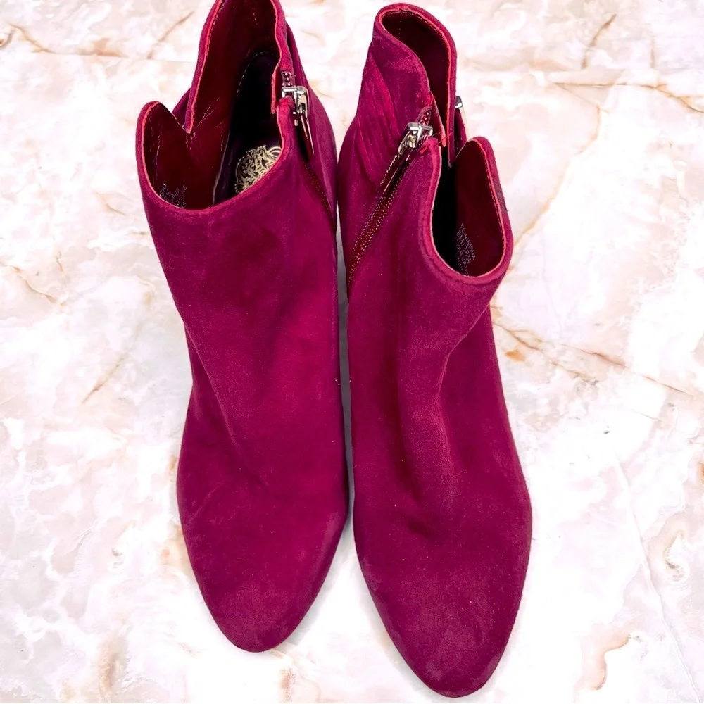 VINCE CAMUTO SUEDE BOOTIES, Wine Berry Suede Heeled Booties, Zipper, Gold Trim